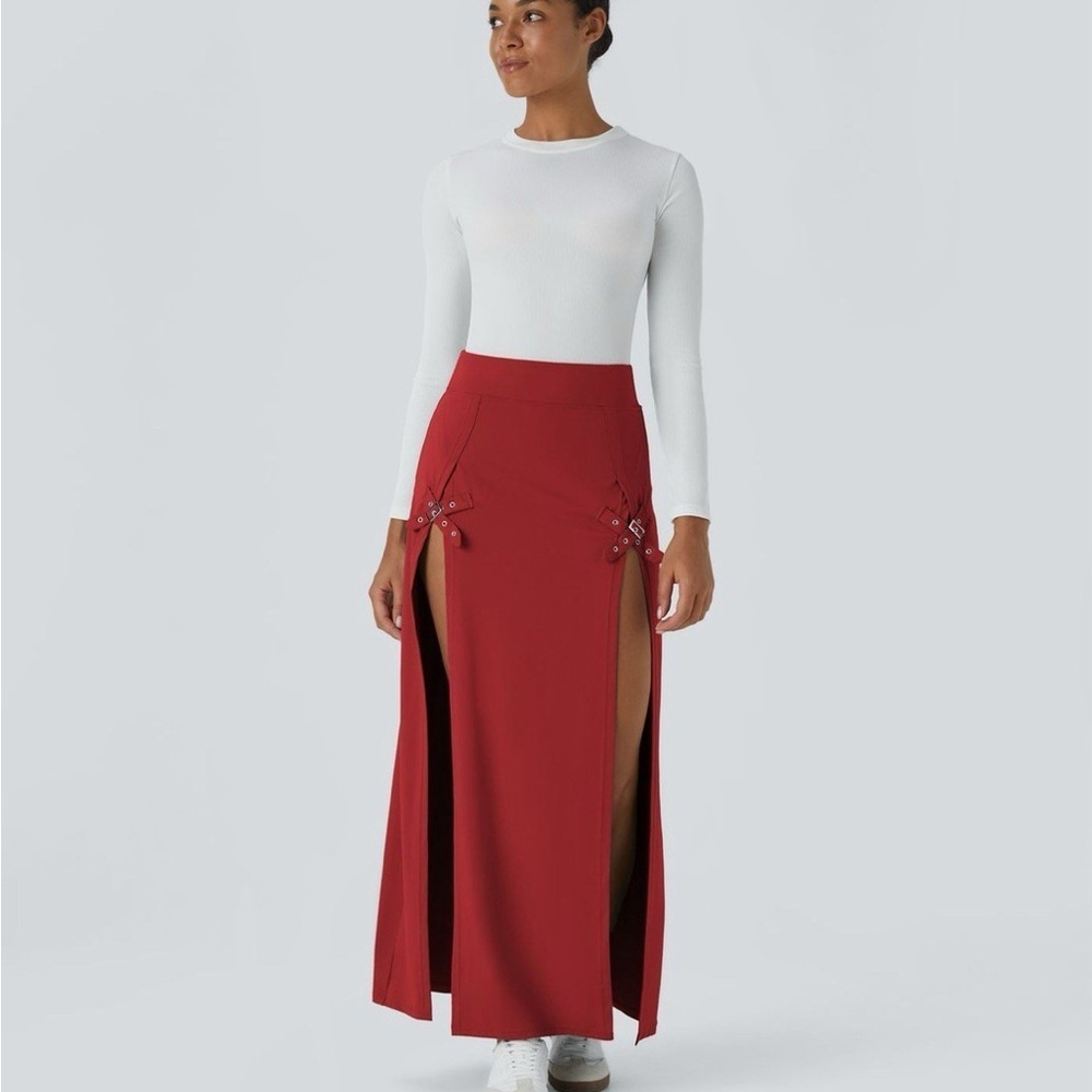 Halara High Waisted Decorative Buckle Split 2-in-1 Maxi Casual Skirt Sz XS Rust